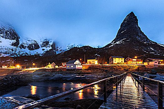 码头,山,冬天,渔村,瑞恩,峡湾,罗弗敦群岛,挪威,欧洲