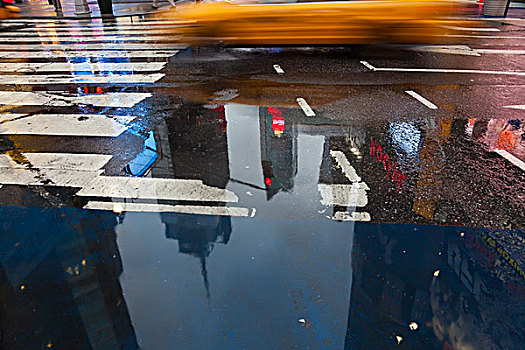 黄色,出租车,反射,时代广场,纽约,美国