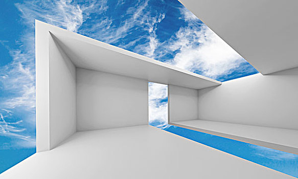 抽象,建筑,空,白色,未来,室内,蓝天,背景,插画