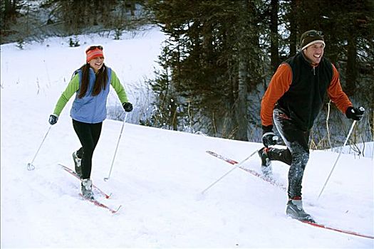 中年,男人,女青年,滑雪