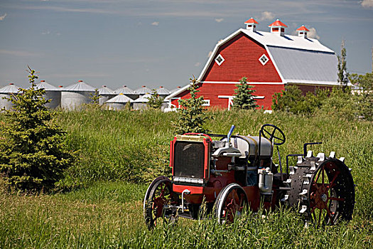 老,红色,拖拉机,土地,背景,艾伯塔省,加拿大