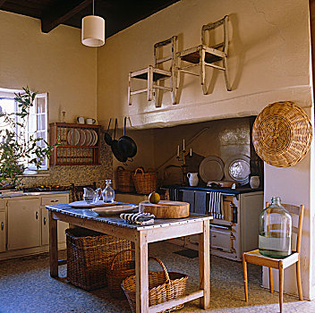 20世纪50年代,安静,工作,厨房,地面,遮盖,一起,桌子,一对,椅子,墙壁