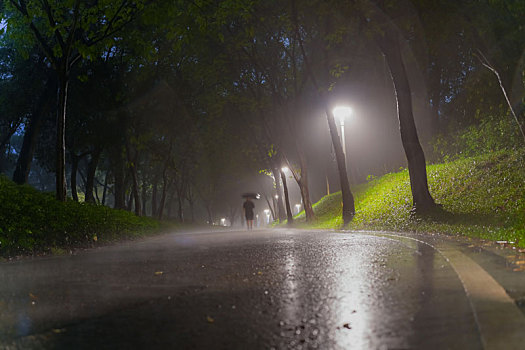 羊城广州清明大雨中的天河公园夜景