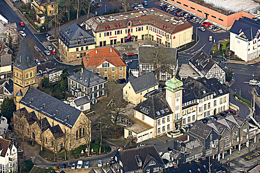航拍,市政厅,教区教堂,鲁尔区,北莱茵威斯特伐利亚,德国,欧洲