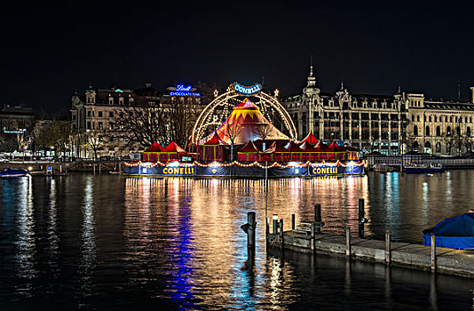 夜景,风景,码头,桥,河,林马特河,圣诞节,马戏团,苏黎世,瑞士,欧洲