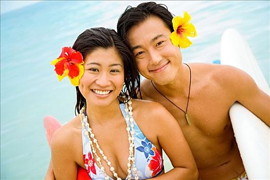 夏威夷,瓦胡岛,年轻,日本人,伴侣,拿着,冲浪板
