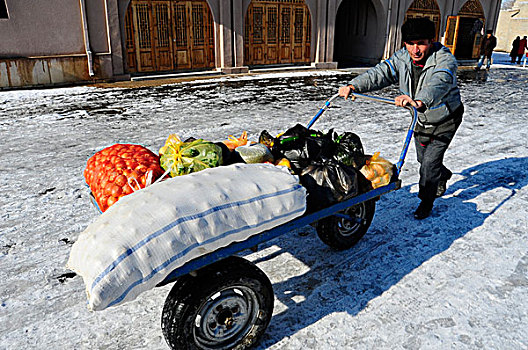 乌兹别克斯坦,布哈拉,一个,男人,推,手推车,满,食物,雪地