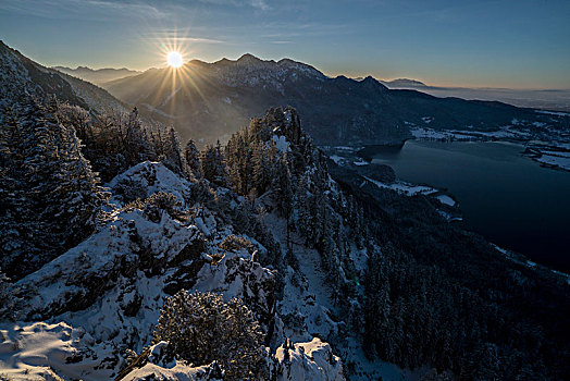 冬天,晚间,风景,湖,科赫尔湖,巴伐利亚阿尔卑斯山,上巴伐利亚,巴伐利亚,德国