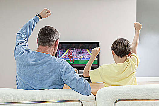 父子,看,足球,电视
