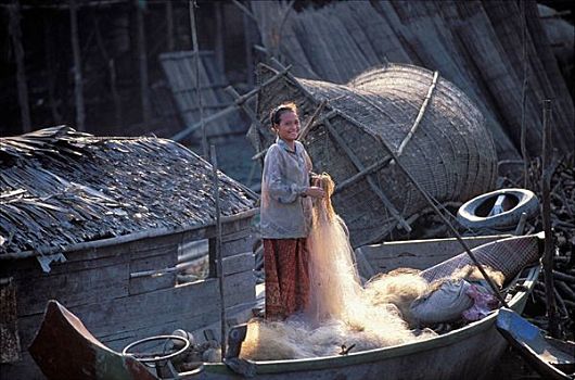 女渔者,乡村,湖,树液,柬埔寨