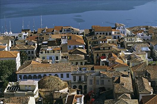 希腊,伯罗奔尼撒半岛,城镇,海边,俯视图