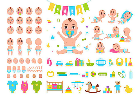 象征,矢量,插画,儿童,表情,身体部位,衣服,玩具,不同,活动,隔绝,白色背景