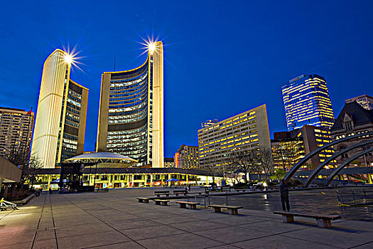 市政厅,建筑,广场,黄昏,市区,多伦多,安大略省,加拿大