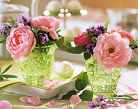 粉色,玫瑰,薰衣草,绿色,切削,玻璃花瓶