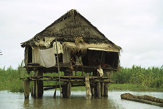 巴布亚新几内亚,河,房子,建造,防护,洪水,季节