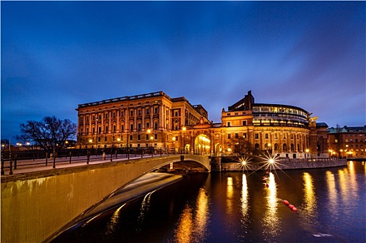 建筑,桥,晚上,斯德哥尔摩