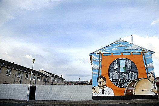 北爱尔兰,贝尔法斯特,分界线,走,政治,壁画,侧面,建筑,道路