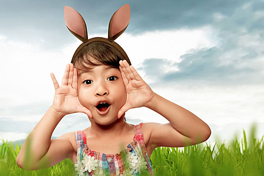 亚洲人,女孩,兔子,耳,复活节,白天