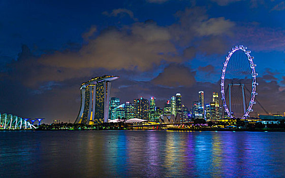 码头,湾,天际线,夜晚,新加坡,东南亚