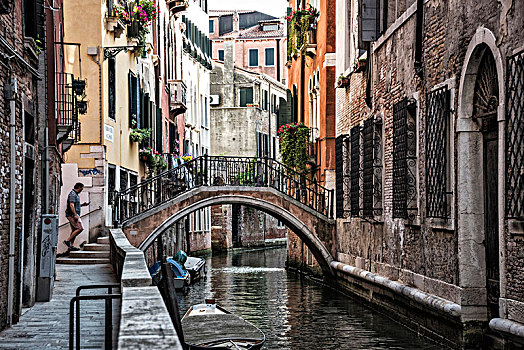 风景,男人,走,运河,威尼斯