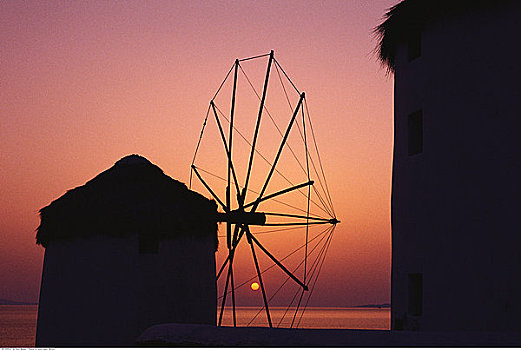 剪影,风车,黄昏,米克诺斯岛,基克拉迪群岛,岛屿,希腊
