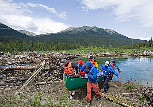 男人,独木舟,上方,陆地,旁路,障碍,原木,堵塞,后面,河,育空地区,加拿大