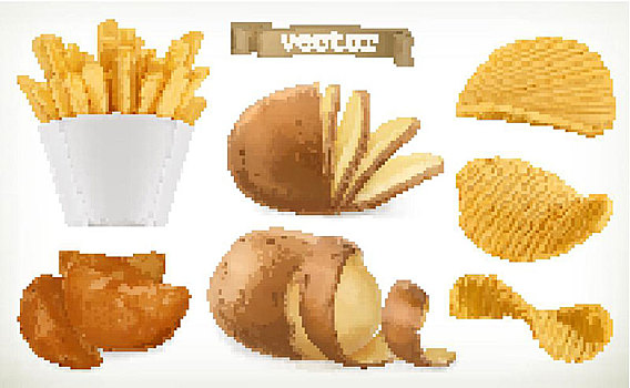 土豆,楔形,油炸,薯条,蔬菜,矢量,象征