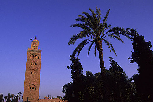 摩洛哥,玛拉喀什,库图比亚清真寺,清真寺,尖塔,公园