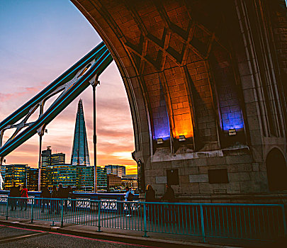 塔桥,风景,大门,碎片,日落,南华克,伦敦,英格兰,英国,欧洲
