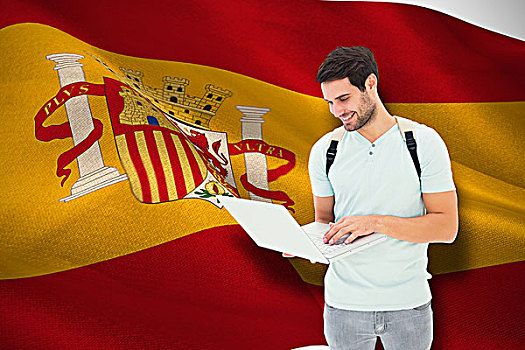 合成效果,图像,学生,使用笔记本,电脑合成,西班牙人,国旗