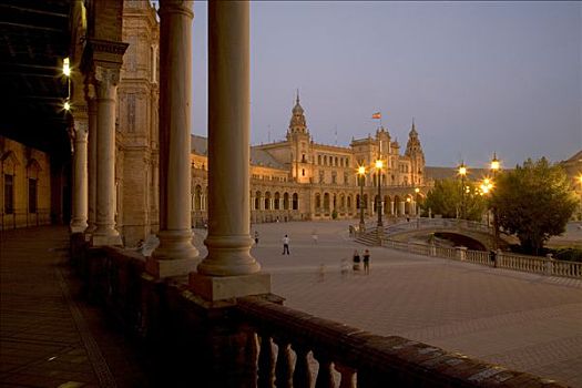 西班牙广场,黄昏,塞维利亚,安达卢西亚,西班牙,欧洲