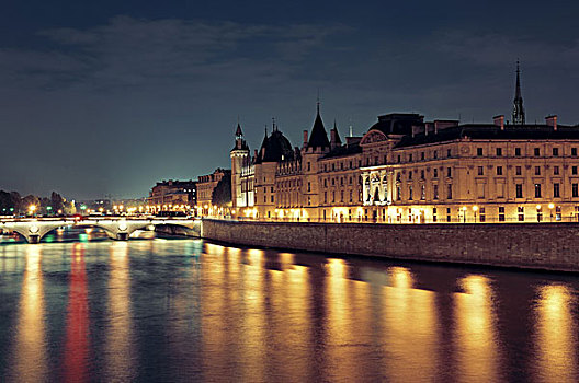 塞纳河,桥,夜晚,巴黎,法国
