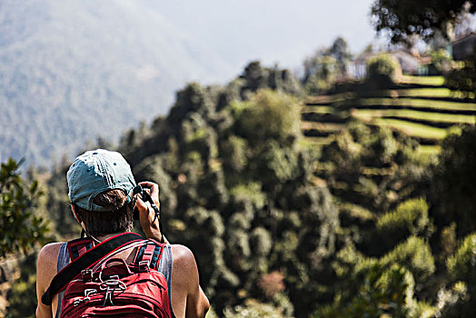 女性,远足,观景,北阿坎德邦,喜玛拉雅,山麓