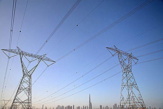 高压电塔,迪拜,城市,天空