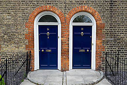 蓝色,前门,连栋别墅,都柏林,爱尔兰,欧洲