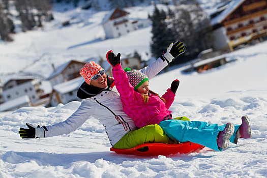 冬天,有趣,雪,家庭,滑雪橇,冬季