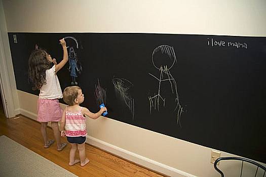两个女孩,绘画,黑板