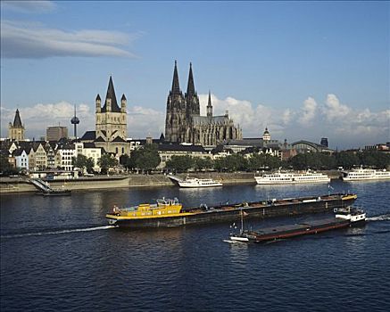 莱茵河,河,大教堂,教堂,正面,货运,驳船,游客,船,科隆,北莱茵威斯特伐利亚,德国,欧洲