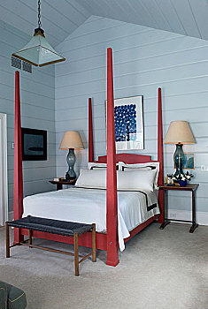 红色,现代,四柱床,蓝色,乡村风格,卧室