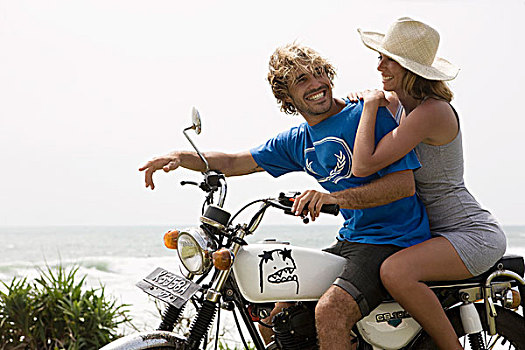 人,女孩,摩托车,笑,海洋,后面