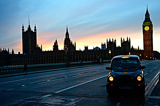 英国,伦敦,出租车,前景,大本钟,议会,威斯敏斯特桥,背景