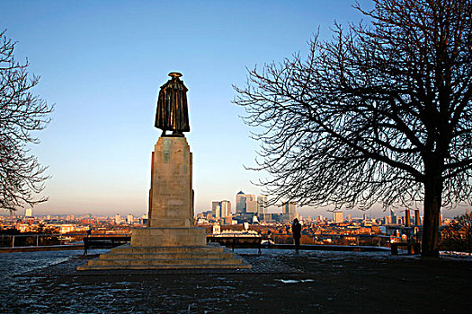 将军,雕塑,城市,背景,格林威治公园,金丝雀码头,伦敦,英格兰