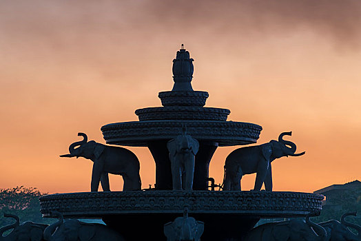 大象,喷泉,日落,公园,黄昏,仰光