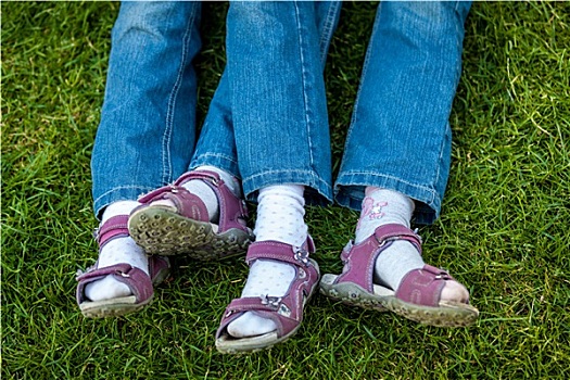 相似,腿,凉鞋,双胞胎,女孩