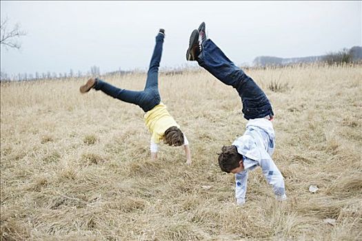 两个男孩,练习,拿大顶,草地
