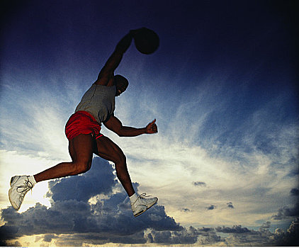 男性,篮球手,跳跃,空中,日落