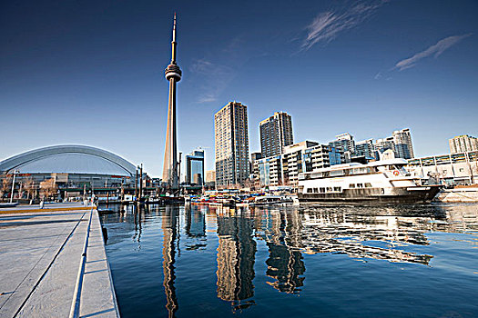 反射,游船,加拿大国家电视塔,酒店,建筑,港口,码头,市区,多伦多,安大略省