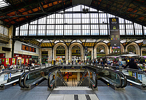 欧洲,法国,巴黎,扶梯,楼梯,大厅,里昂火车站,石头,拱形,大,篷子,上方,乘客,等待