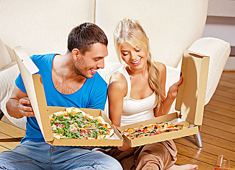 高兴,浪漫,情侣,吃饭,比萨饼,在家