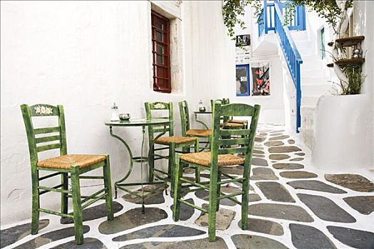 桌子,椅子,米克诺斯城,米克诺斯岛,希腊